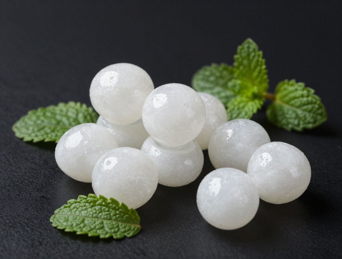 Cristales de cloruro de magnesio de color blanco nacarado sobre fondo negro con pequeñas plantas verdes de menta alrededor, iluminación de estudio que resalta la textura cristalina