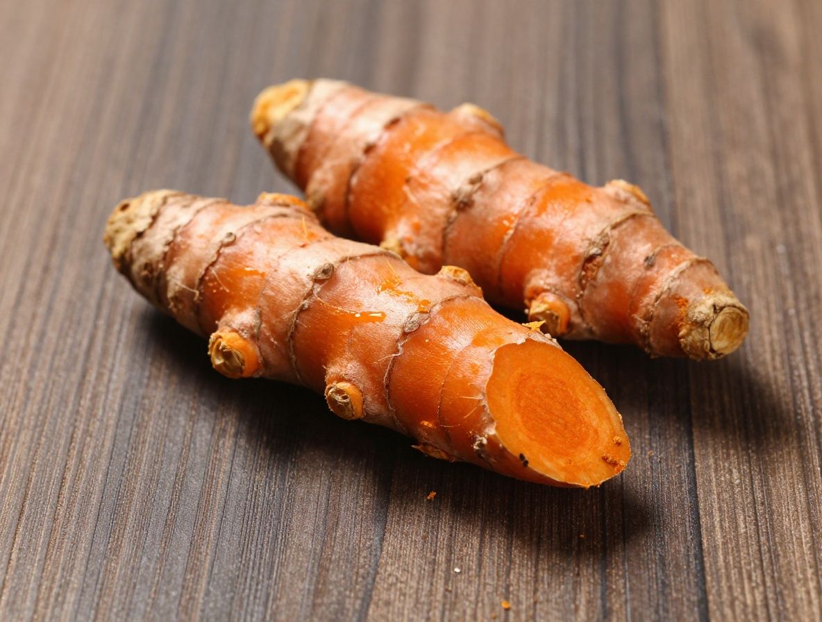 Rizomas de cúrcuma frescos de color naranja intenso cortados y enteros junto a polvo de cúrcuma esparcido sobre una tabla de madera oscura, con iluminación lateral que resalta la textura fibrosa